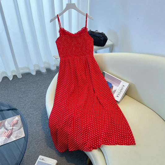 Summer Plus-size Women's Casual Strap Dress Loose Comfortable Polka Dot Print Long Beach Dress 2025 New Women's Clothing Large