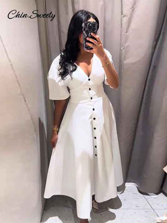 Elegant White Long Dress Women Short Sleeve V-Neck Button High Waist Slim A-line Dresses 2025 Summer Lady High Street Robes New