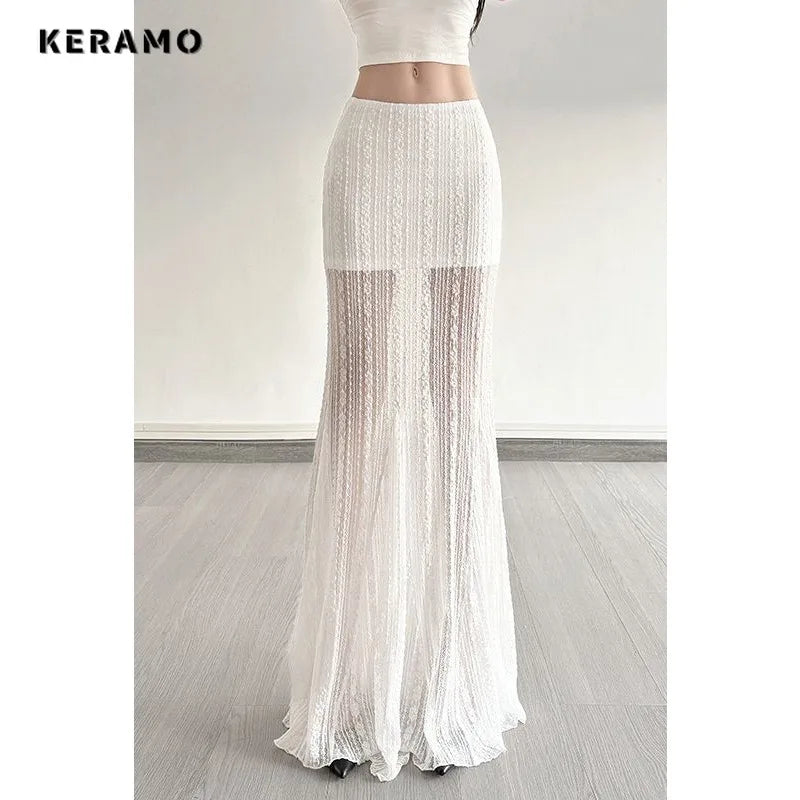 2025 Summer Hotsweet Sexy White Thin Chiffon Skinny Long Skirts Women's Casual Elegant Style High Waist Slim Fit Mop Skirt