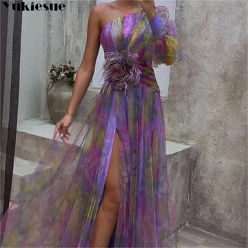 Women Dress 2023 Summer New Style French Style Fashion Sexy Print Fashion One Shoulder Long Sleeve Split Lady Party Dresses