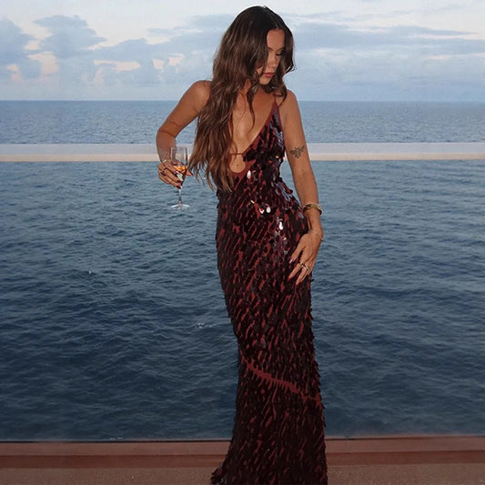 Fashion Sequined Slip Long Dress Women Sleeveless Deep V-neck Backless Slim Maxi Dress 2025 Summer Chic Party Birthday Dresses
