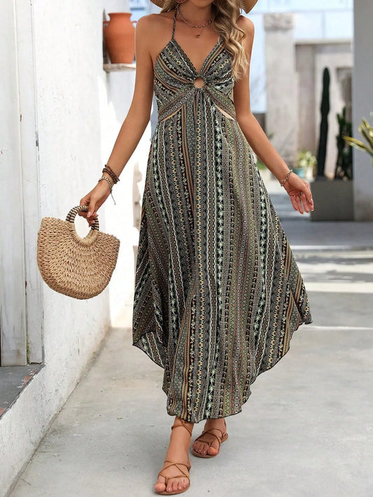 Sexy Dress Summer Boho Suspender Long Skirt Women's Printed Halter Neck Tied Beach Vacation Dresses