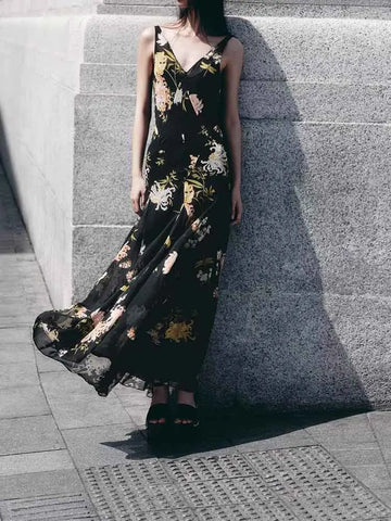 European style new women's fashion versatile temperament suspender print sleeveless v-neck long dress