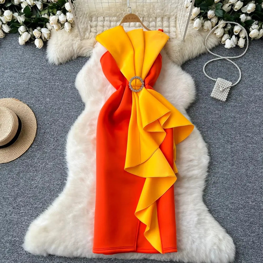 Women Chic Off Shoulder Waist fold fork Lace stitching Sexy Dress Wrap  French Fashion Summer Elastic Slim Pencil Sundress