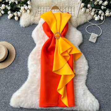 Women Chic Off Shoulder Waist fold fork Lace stitching Sexy Dress Wrap  French Fashion Summer Elastic Slim Pencil Sundress