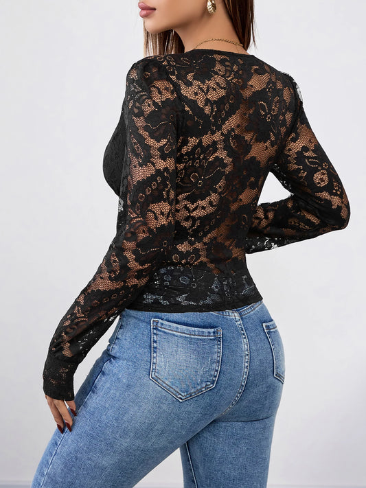 Cross-border foreign trade summer new black lace splicing long-sleeved slim-fit T-shirt woman
