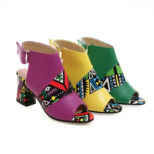 Summer Women Sandals Green Yellow Graffitti High Square Heels Outdoor Slides Casual Party Ladies Peep Toe Gladiator Slingbacks