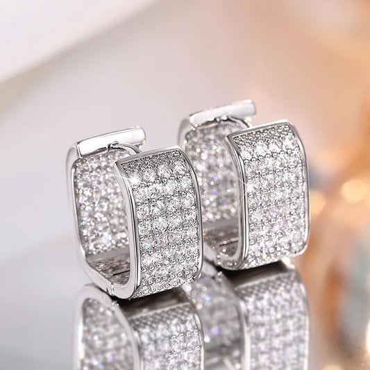 Original 925 Sterling Silver Full Zircon Earrings for Women Square Hoop Earrings Silver 925 Trendy Wedding Party Jewelry