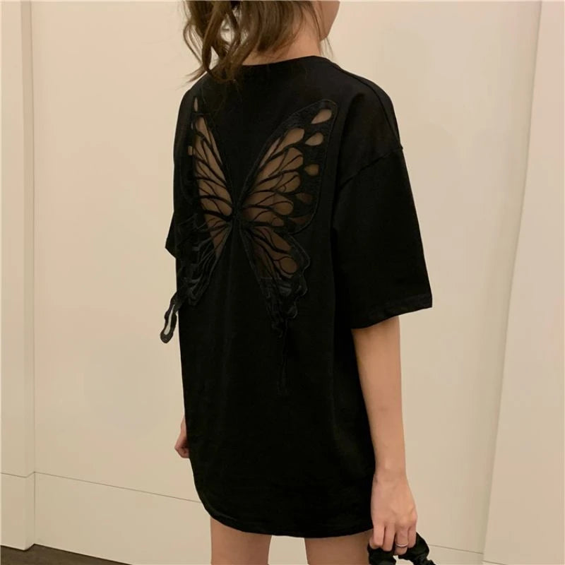 Black Butterfly Embroidery Cotton Top Female Japanese Vintage Clothes Fashion One Pieces Korean Tee Y2k Korea Women's T-shirt