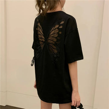 Black Butterfly Embroidery Cotton Top Female Japanese Vintage Clothes Fashion One Pieces Korean Tee Y2k Korea Women's T-shirt