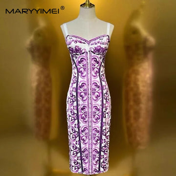 MARYYIMEI Fashion Women's New Dress Sexy Spaghetti Strap Backless Baroque Print Slim-Fit Hip Wrap Silk Button Dresses