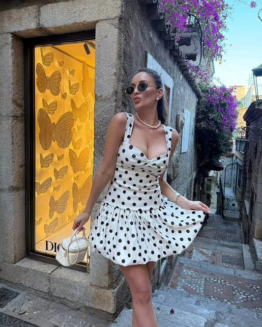 European and American style 2025 summer new sexy hot girl low-cut slim polka dot suspender dress