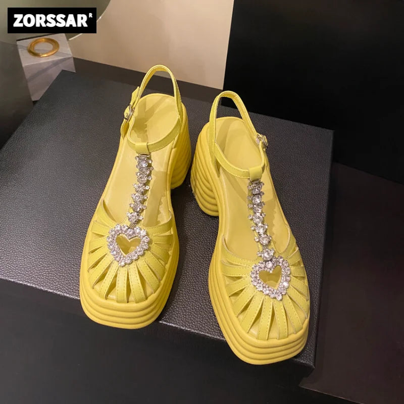 2024 Women's High Heels Roman Sandals Fashion Rhinestone Women's Chunky Heels Genuine Leather Women's Gladiator Sandal