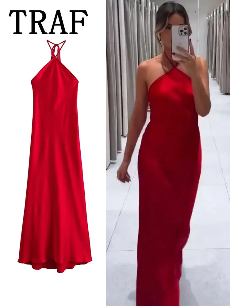 2024 Halter Long Dresses for Women Backless Satin Dress Woman Off Shoulder Sexy Midi Dresses Elegant Evening Party Dress
