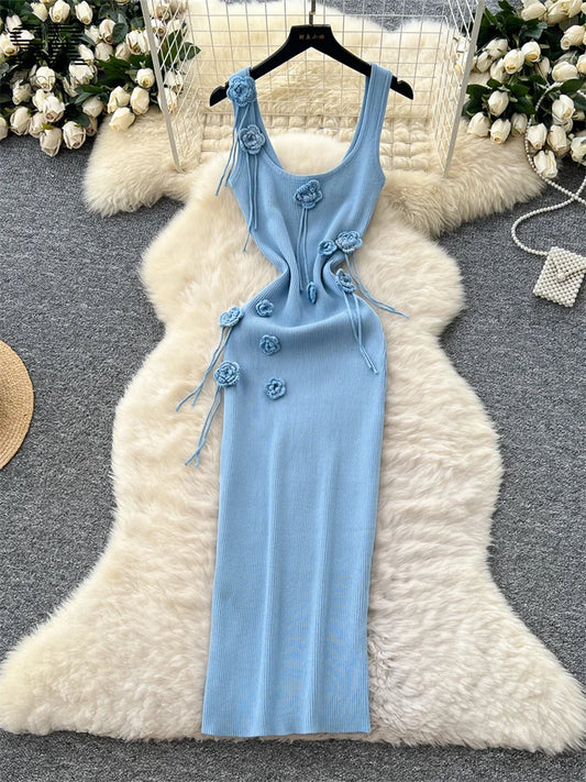 SINGREINY Summer Sexy Vacation Tank Dress Sleeveless Elastic Bodycon Sundress Women 3D Flower Design Casual Knitted Dresses