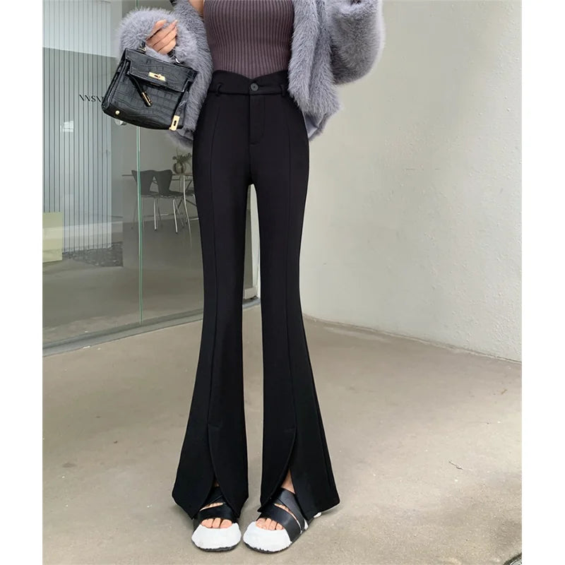 Spring Summer Casual Korean Black High Waist Wide Leg Pants Female Simplicity Elegant Solid Color Elastic Waist Flare Women Pant