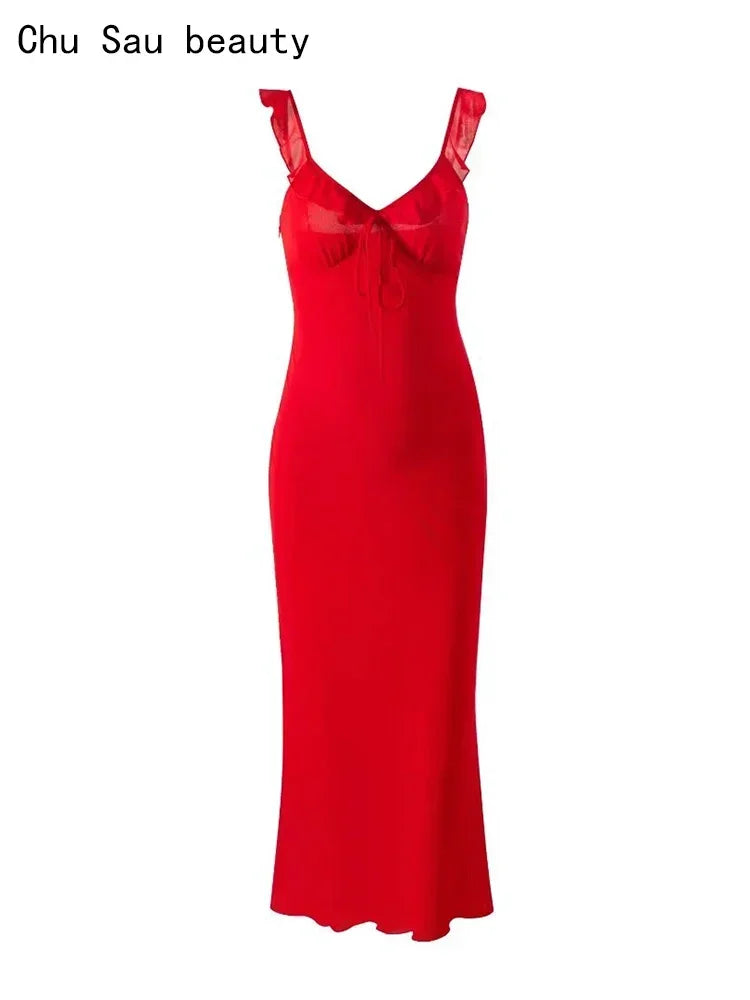 2024 Women New Fashion Sweet Bow Lacing Chic Ruffles Strap Long Dress Sexy V-Neck Backless Vintage Sleeveless Party Dresses