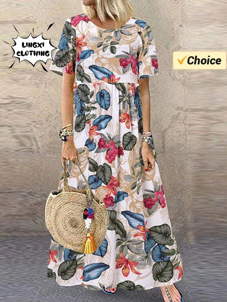 Elegant Party Dress 2024 Women's Elegant Plus Size Skirt Loose Round Neck Short Sleeve Retro Print Casual Women's Long Dress