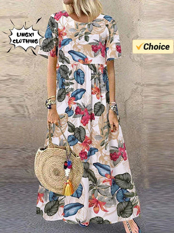 Elegant Party Dress 2024 Women's Elegant Plus Size Skirt Loose Round Neck Short Sleeve Retro Print Casual Women's Long Dress