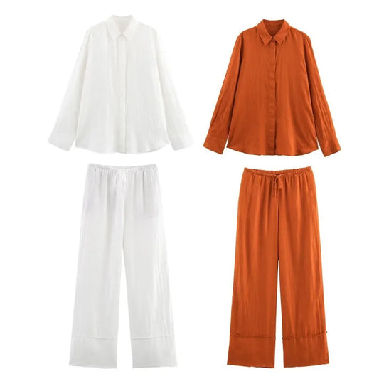 Women's Fashion Casual Linen Shirt Tops Wide Leg Mid-Waist Casual Pants Women Two-piece Sets Streetwear Women Pants Suit