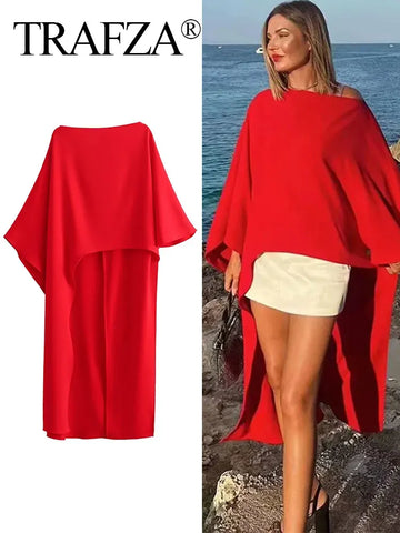 TRAFZA Women Asymmetrical Dress Solid Casual Loose Cape Style Long Dresses 2024 Woman Elegant Evening Dress vestido