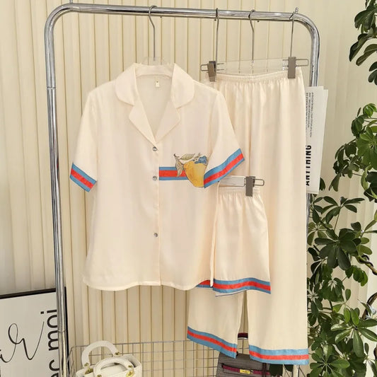 2025 Three Piece Pajamas Set Spring Summer Women Short Sleeve Pants Fashion Print Rabbits High Quality Nightgown Sleepwear