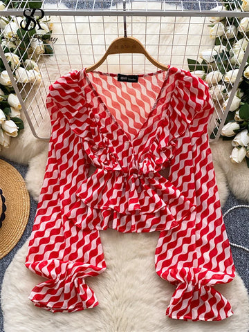 SINGREINY Chic Streetwear Stripe Blouse Female Ruffles Cross V Neck Lantern Sleeves Crop Tops 2025 Summer Casual Beach Shirts