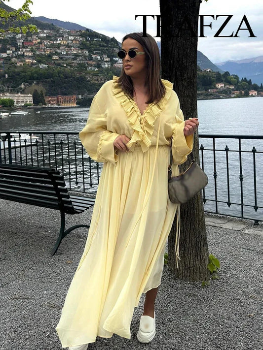 TRAFZA Elegant Women's Chiffon High Waist Long Skirt Set Light Yellow V-neck Laminated Long Sleeve Shirt Women's Street Clothing