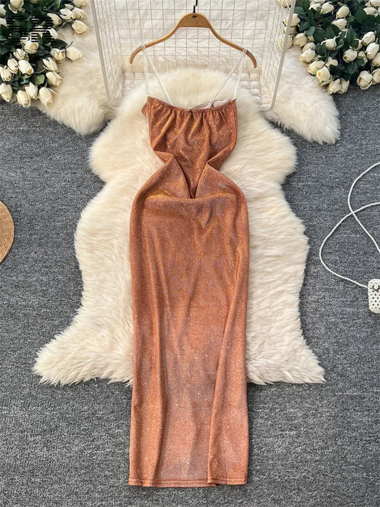 SINGREINY Shinny Party Dress Split Strapless Sleeveless Design Elastic Bodycon High Quality Woman Sexy Beading Long Dresses