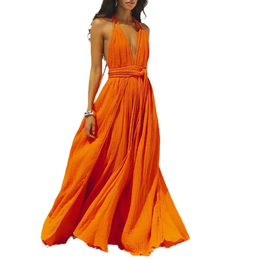 European And American Women's Vacation Blouse Sexy Backless Straps Solid Color Dress Belt Pendulum