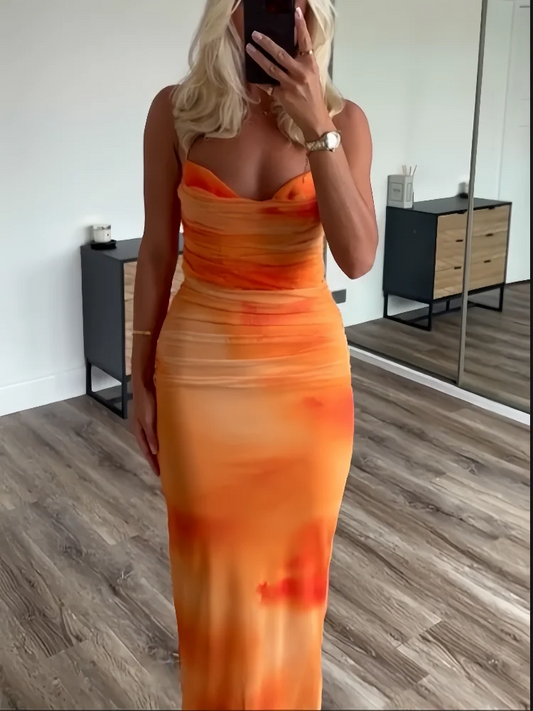 PB&ZA 2024 Spring New Women's Fashionable and Stylish Style Slim Fit Folded Printed Silk Mesh Sling Dress