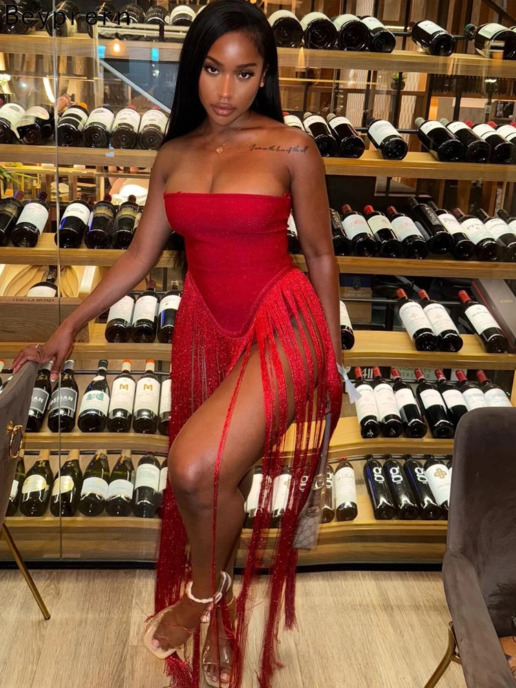 Beyprern Luxury Birthday Dresses Gowns Holiday Outfits Womens Beautiful Strapless Fringed Party Dresses Homecoming Dress Vestido