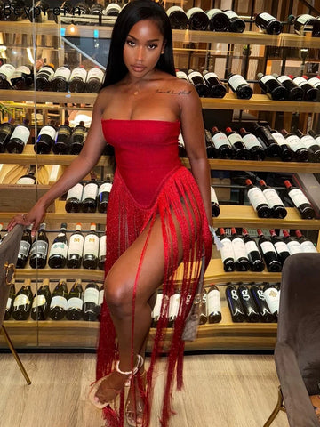Beyprern Luxury Birthday Dresses Gowns Holiday Outfits Womens Beautiful Strapless Fringed Party Dresses Homecoming Dress Vestido