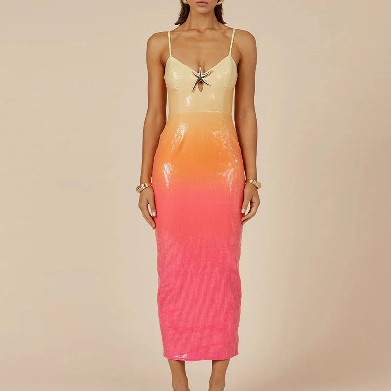 Sexy Women V Neck Starfish Suspender Dress Summer Fashion Sequin Slim Split Long Dresses Elegant Gradient Sleeveless Party Dress