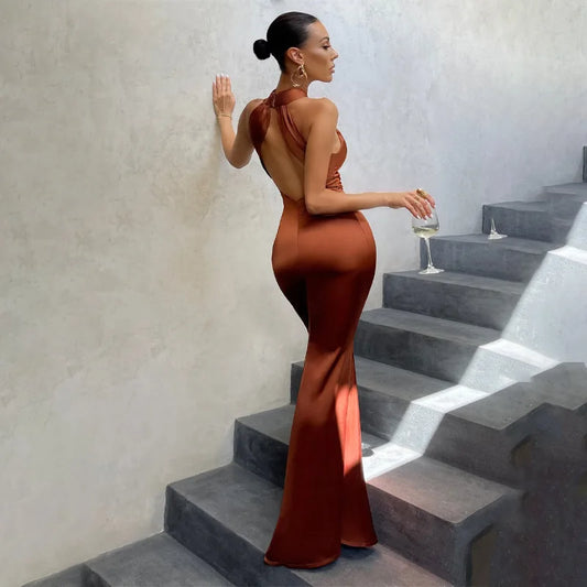 New 2025 Summer Elegant Women Party Club Evening Streetwear Bodycon Black Long Dress Female Backless Halter Sleeveless Dress