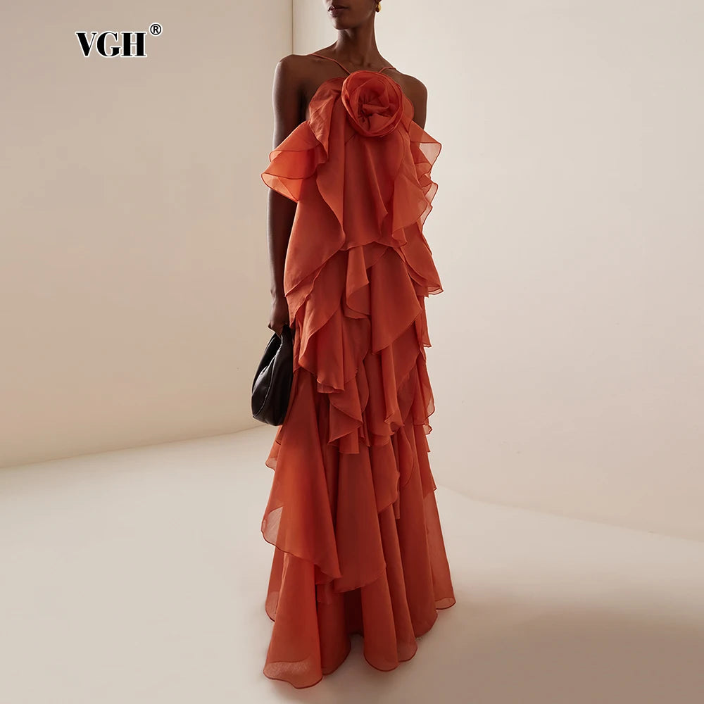 VGH Sexy Spliced Ruffles Backless Loose Dresses for Women Strapless Sleeveless Patchwork Flowers Minimalist Long Dress Female