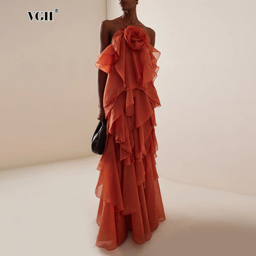 VGH Sexy Spliced Ruffles Backless Loose Dresses for Women Strapless Sleeveless Patchwork Flowers Minimalist Long Dress Female
