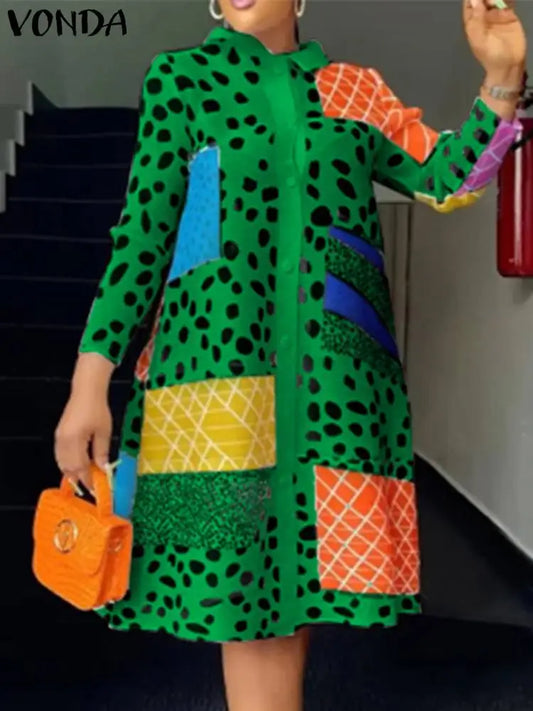 2024 VONDA Women Bohemian Dress Lapel Long Sleeve Leopard Printed Shirt Sundress Fashion Buttons Knee-Length Vestidos Oversized