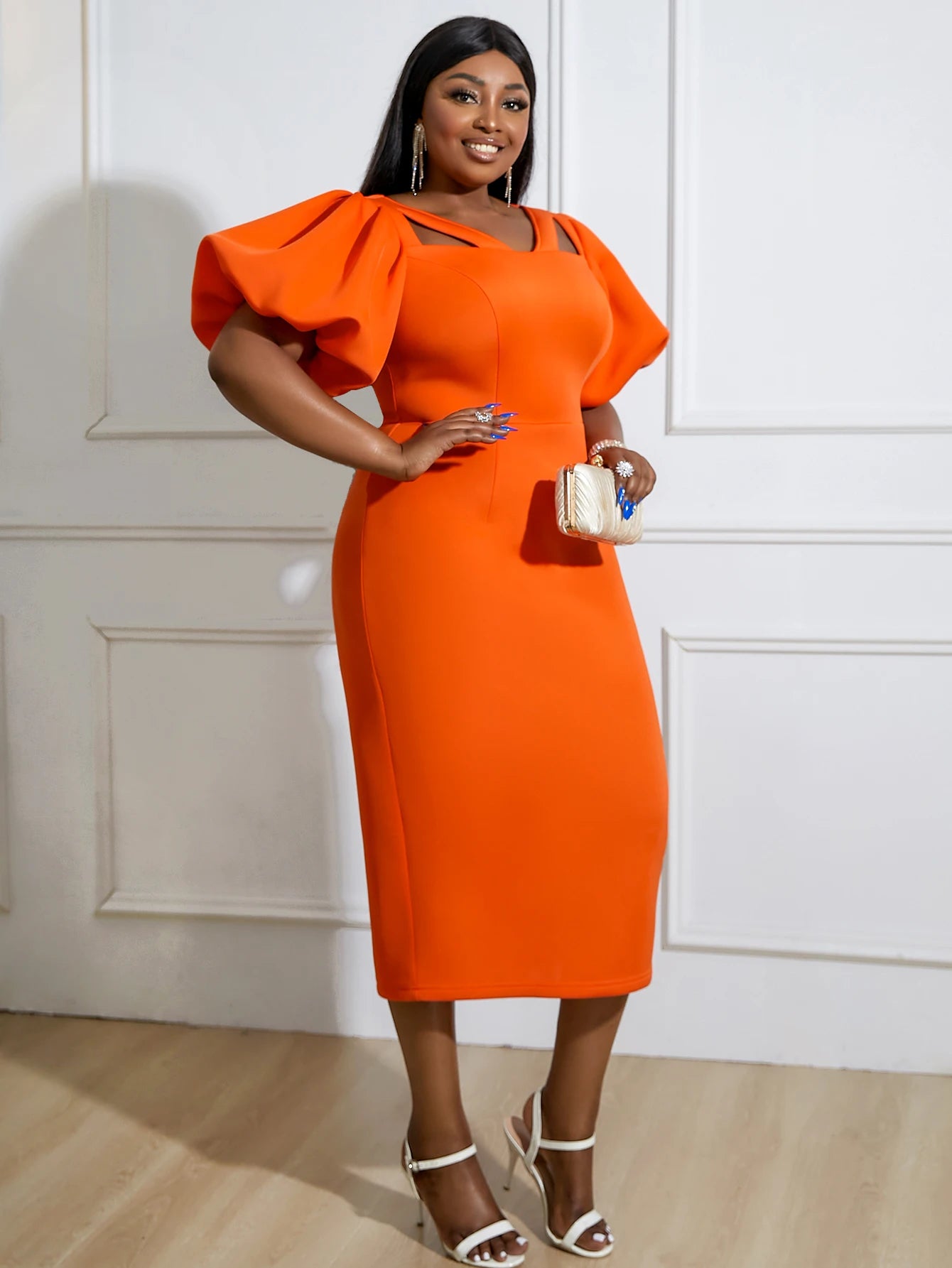 Short Lantern Sleeve Party Dress Women Modest Orange Package Hip Robe Bodycon African Female Evening Celebrate Birthday Gowns