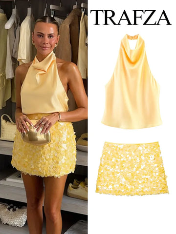 TRAFZA Women Summer Fashion Versatile High Waist Slim Sequin Mini Skirt Female Sexy Hip Side Zipper Punk Party Short Skirt Mujer