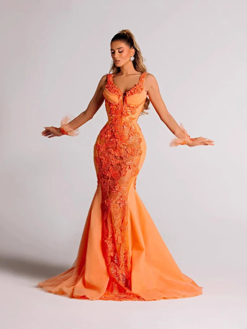 2025 Women Celebrity Sexy Sleeveless Ruffles Sparkly Sequins Orange Maxi Long Dress Elegant Evening Club Party Outfit