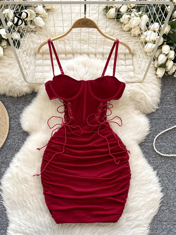 SINGREINY Women Sexy Folds Sheath Dress Sleeveless Bandage Design Slim Dresses Fashion Hollow Out Sensual Camis Club Print Dress