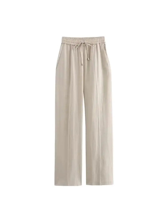 TRZA-Women's Straight Pants with Front Pockets, High Elastic Waist, Drawstrings, Female Trousers, Chic Fashion