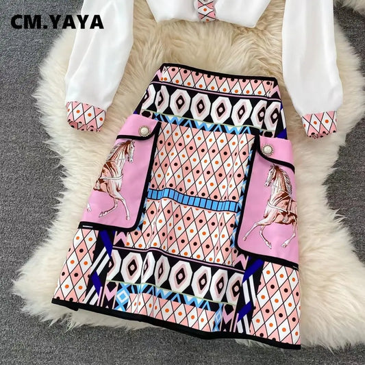 CM.YAYA Vintage 3D Geometrial Printed Women Long Sleeve Shirt and Bodycon Midi Mini Skirt Suit Street INS Two 2 Piece Set Outfit