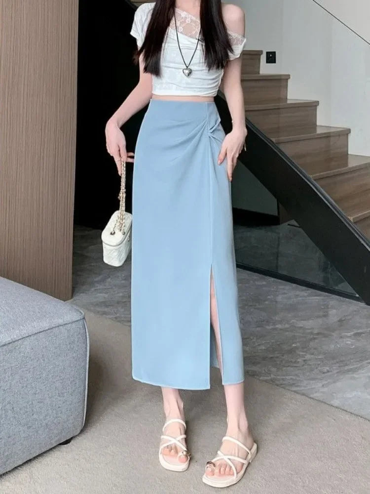 Skirts for Women High Waist Tight Wrap Midi with Slit 2025 Trend Streetwear Stylish Premium A Line Casual Aesthetic Woman Skirt