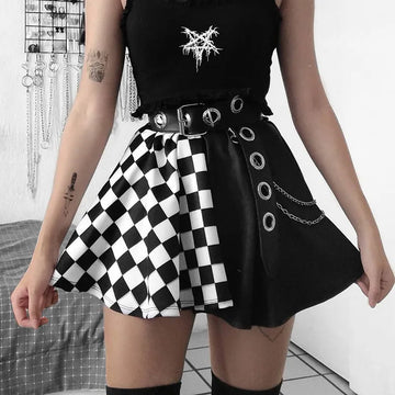 Y2K Houndstooth Color Block Mosaic Skirts Micro-trum Contrast Dark Style Pleated Skirts Women's High-waist Street Trend Skirts