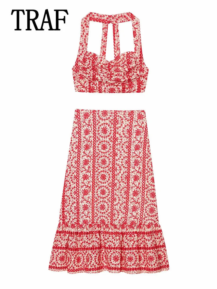 TRAF Hollow Embroidery Skirt Sets For Women Two Pieces Outfit 2025 New Fashion Printed Short Top+Skirts Set Elegant Womens Suit