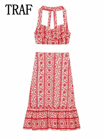 TRAF Hollow Embroidery Skirt Sets For Women Two Pieces Outfit 2025 New Fashion Printed Short Top+Skirts Set Elegant Womens Suit