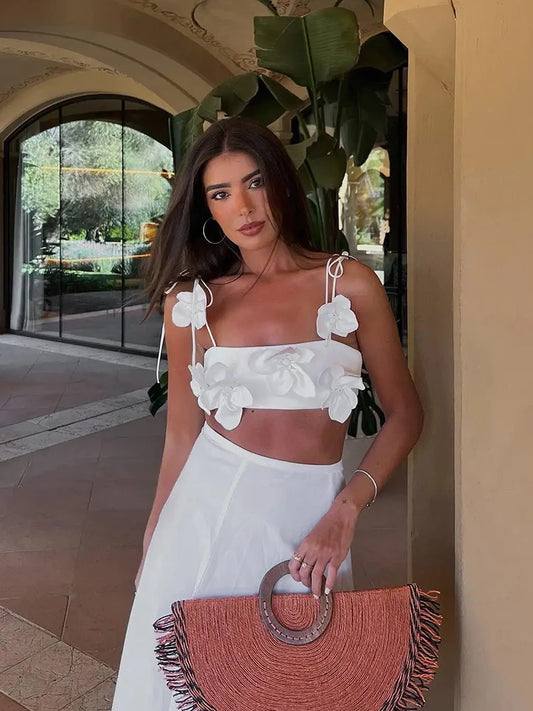 ZABA Women's 3D Floral Lingerie Style Wrap Camisole Top Summer Fashion Sexy Backless White Beach Vacation Camisole Tank Top