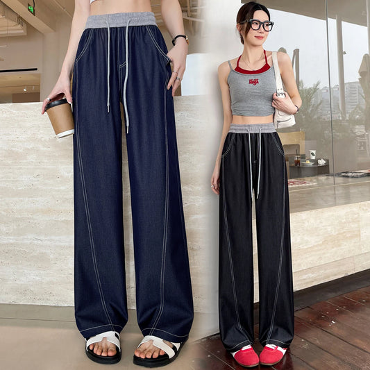 2025 New Spring Summer Vintage Patchwork Women's Wide Leg Full Pants High Waist Lace-up Female Elegant Straight Loose Trousers
